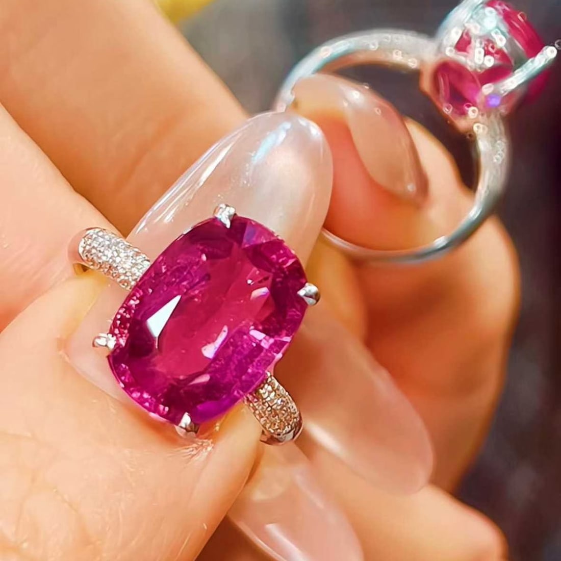 14k Gold 5.3 Ct Natural Tourmaline & Diamond Ring: Ref:231155204 // gold content:14k gold // ring size:7. 25us // // main gemstone:tourmaline // shape:cushion // carat weight:5. 3ct // color:red // treatment:natural // // adjacent gemstone 2 :