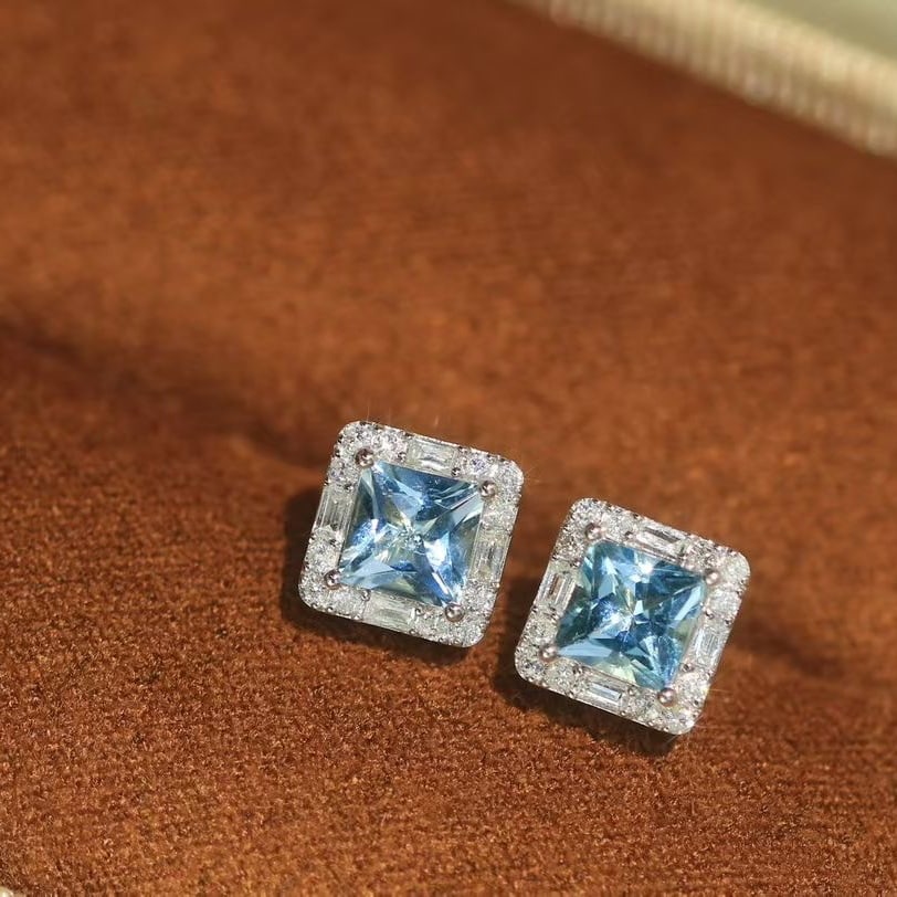 14k Gold 1.45 Ctw Natural Aquamarine & Diamond Earrings - 2