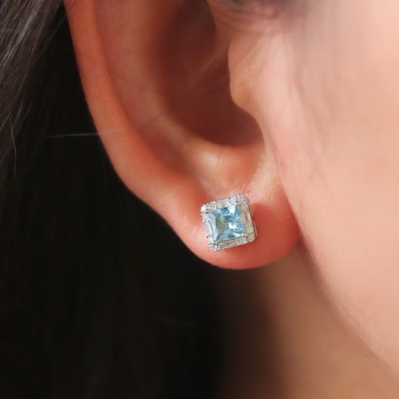 14k Gold 1.45 Ctw Natural Aquamarine & Diamond Earrings - 4