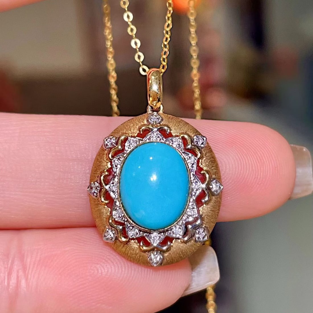 14k Gold 2.12 Ct Natural Blue Turquoise & Diamond Pendant( Without Chain ): Ref:231155213 // gold content:14k gold // main gemstone:blue turquoise // shape:oval // carat weight:2. 12ct // color:blue // treatment:natural // // adjacent gemstone 2 : diamond // shape:round //