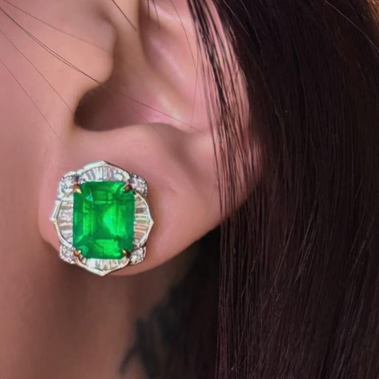 14k Gold 3.7 Ct Natural Emerald & Diamond Earrings - 2