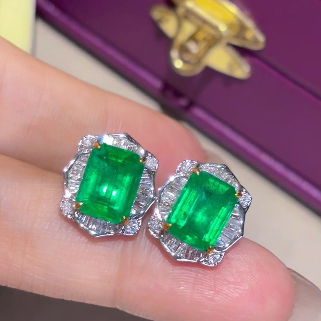 14k Gold 3.7 Ct Natural Emerald & Diamond Earrings - 3