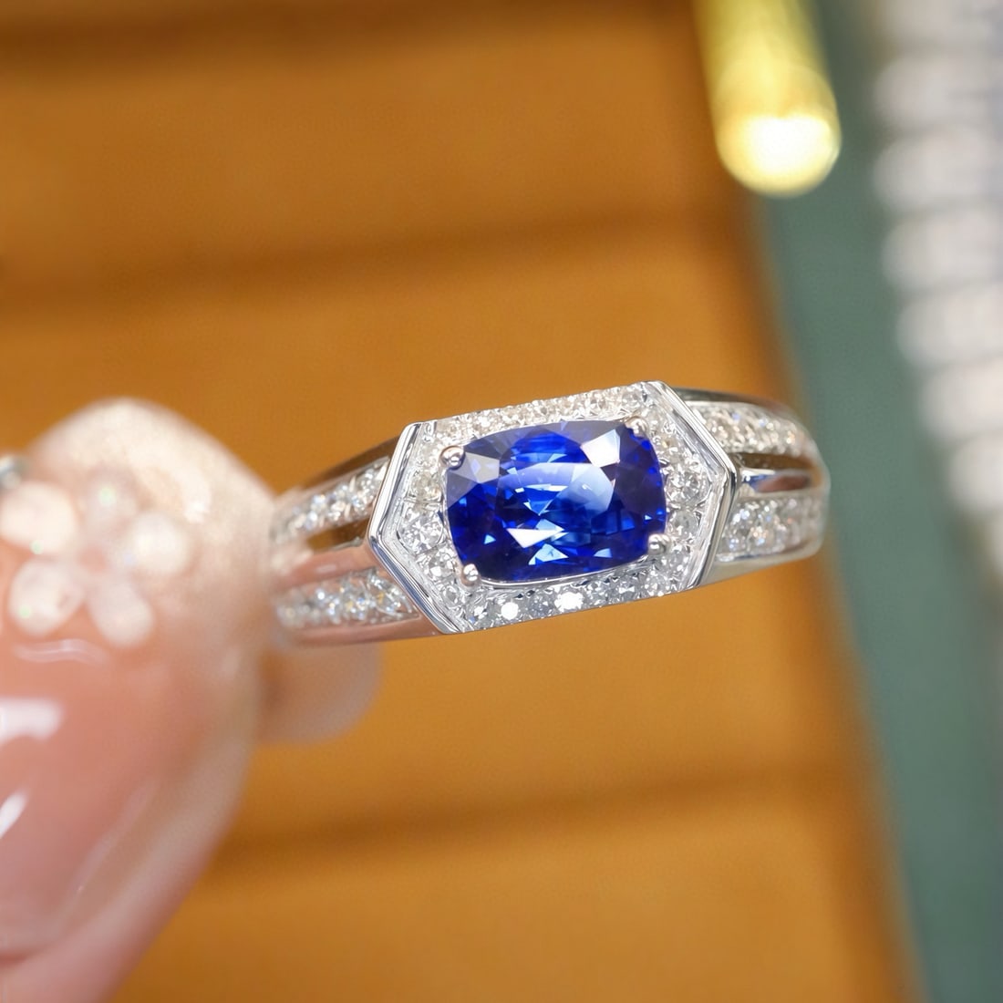 14k Gold 1.36 Ctw Natural Sapphire & Diamond Ring: Ref:231155228 // gold content:14k gold // ring size:7. 25us // // main gemstone:sapphire // shape:cushion // carat weight:1. 08ct // color:blue // treatment:natural // // adjacent gemstone 2 : diamond