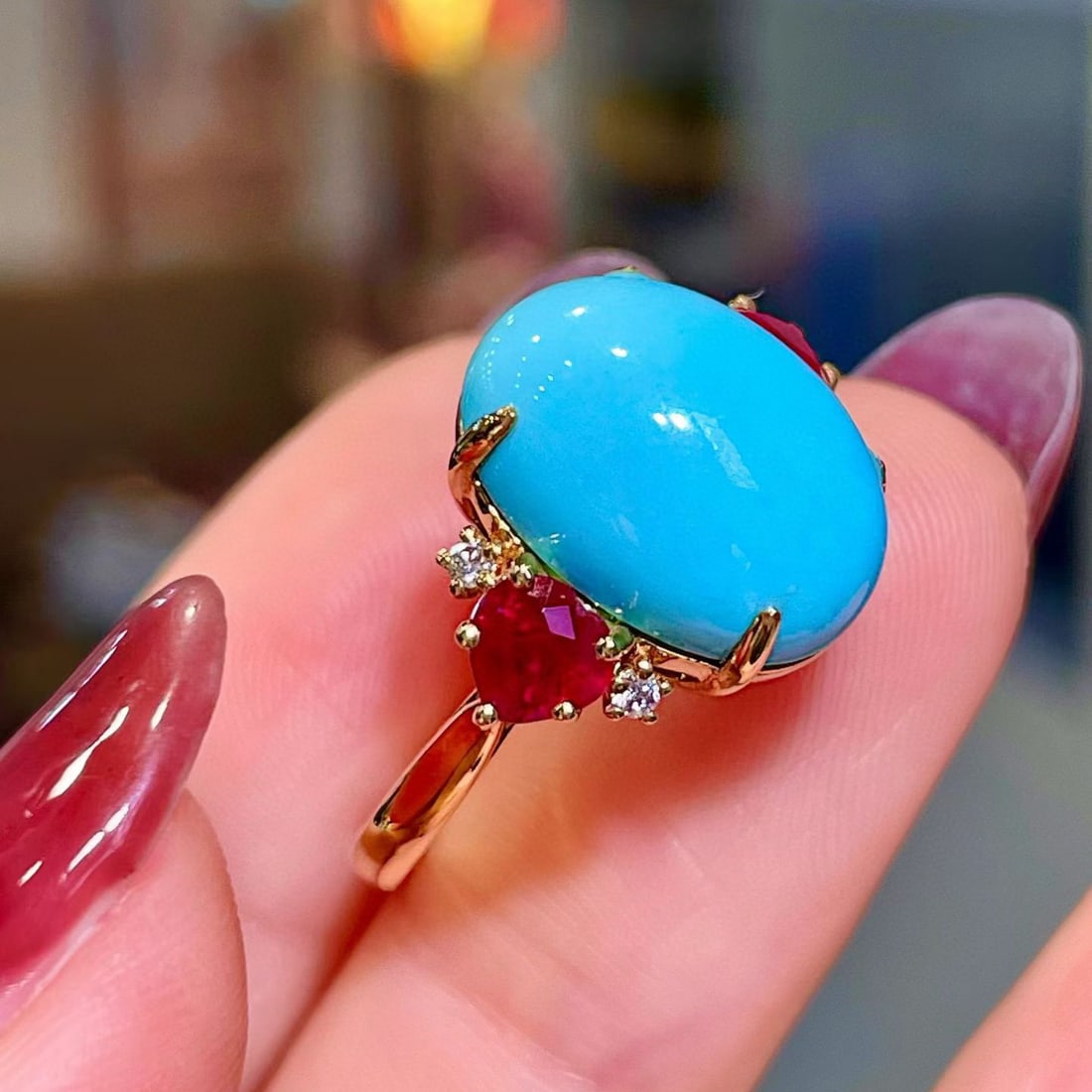 14k Gold 7.85 Ctw Natural Blue Turquoise & Ruby Ring - 2