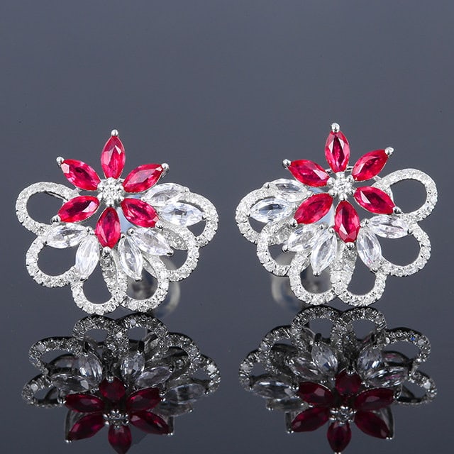 14k Gold 1.24 Ctw Natural Ruby & Diamond Earrings: Ref:231156006 // gold content:14k gold // main gemstone:ruby // shape:marquise // carat weight:0. 93ct // color:red // treatment:natural // // adjacent gemstone 2 : diamond // shape:round // carat