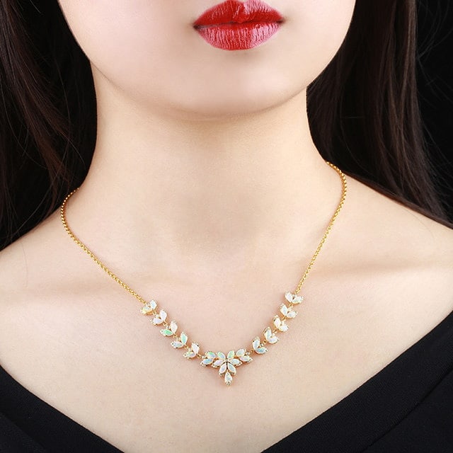 14k Gold 3.38 Ctw Natural Opal & Diamond Necklace - 5