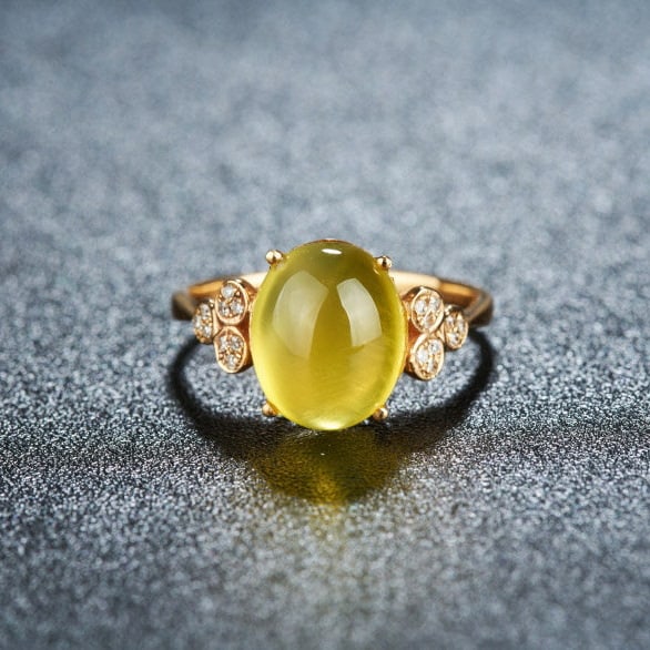 14k Gold 4.8 Ct Natural Prehnite & Diamond Ring: Ref:231156022 // gold content:14k gold // ring size:7. 25us // // main gemstone:prehnite // shape:oval // carat weight:4. 8ct // color:yellow // treatment:natural // // adjacent gemstone 2 : diamond