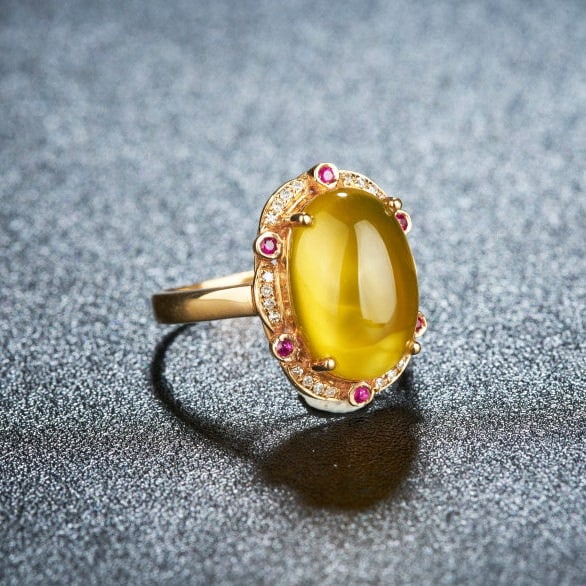 14k Gold 6.15 Ct Natural Prehnite & Diamond & Ruby Ring - 2