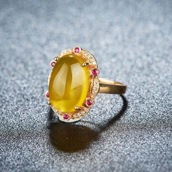 14k Gold 6.15 Ct Natural Prehnite & Diamond & Ruby Ring - 3