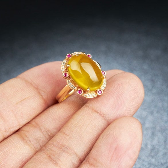 14k Gold 6.15 Ct Natural Prehnite & Diamond & Ruby Ring - 6