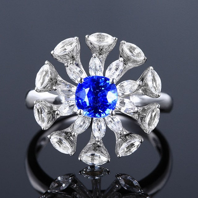 14k Gold 2.35 Ctw Natural Sapphire & Sapphire Ring: Ref:231156033 // gold content:14k gold // ring size:7. 25us // // main gemstone:sapphire // shape:cushion // carat weight:1. 1ct // color:blue // treatment:natural // // adjacent gemstone 2 : sapphire
