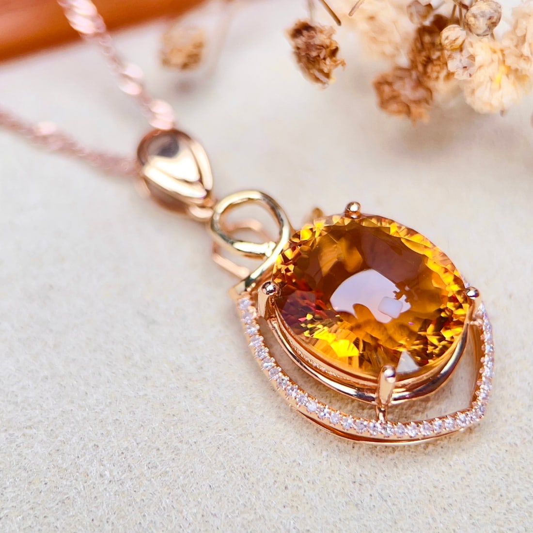 14k Gold 7.15 Ctw Natural Citrine & Diamond Pendant( Without Chain ) - 4