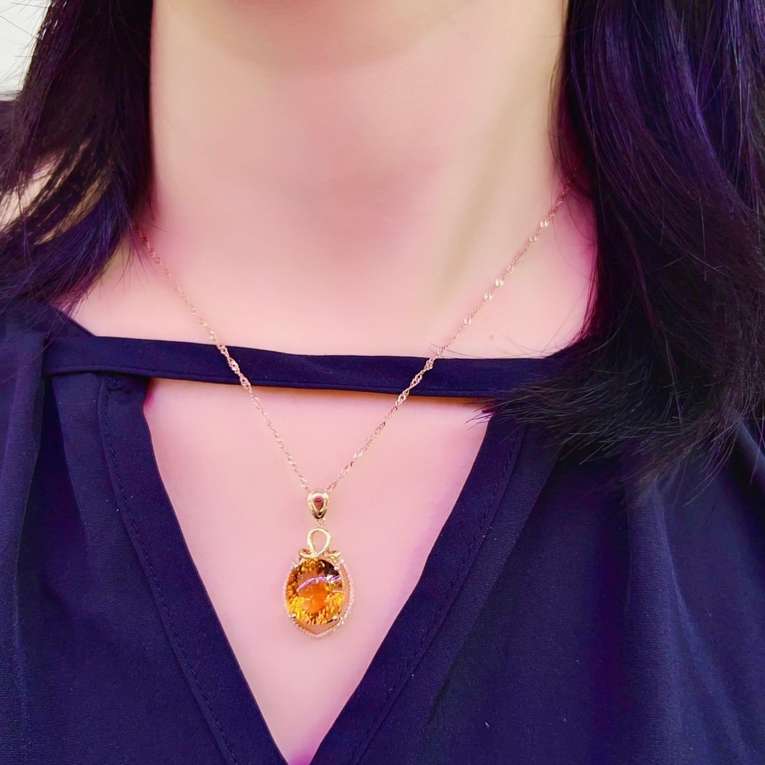 14k Gold 7.15 Ctw Natural Citrine & Diamond Pendant( Without Chain ) - 5