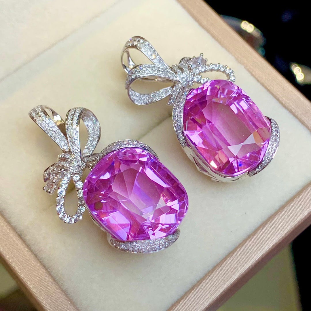 14k Gold 39.2 Ct Natural Kunzite & Diamond Earrings - 2