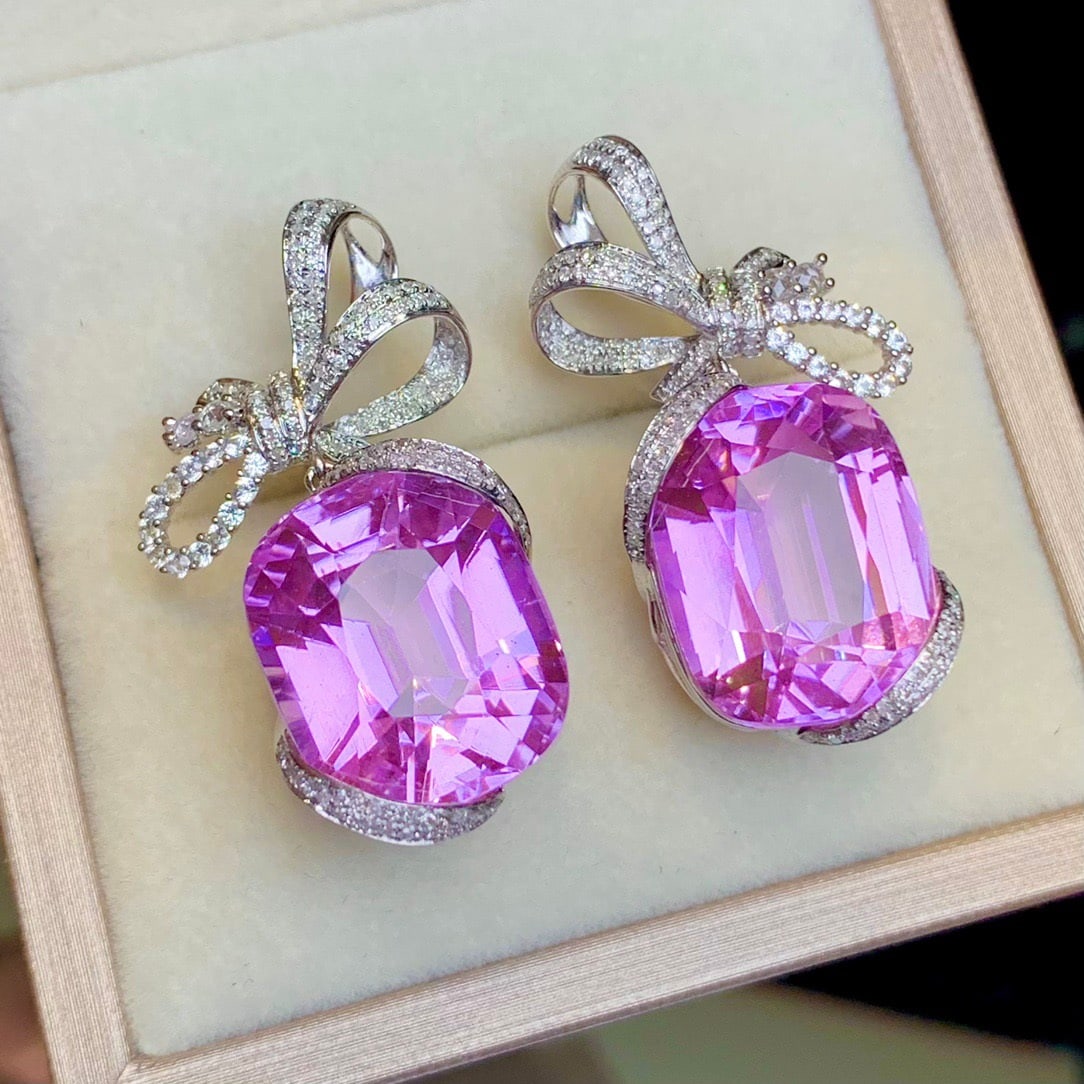 14k Gold 39.2 Ct Natural Kunzite & Diamond Earrings - 4