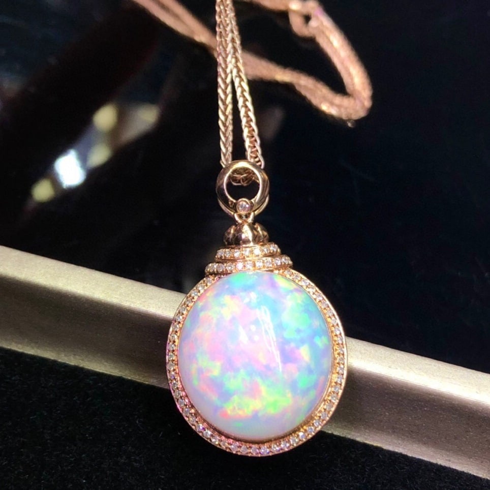 14k Gold 14.30 Ct Natural Opal & Diamond Pendant( Without Chain ) - 2