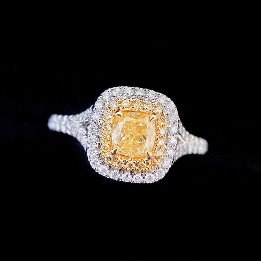 14k Gold 0.92 Ctw Natural Yellow Diamond & Diamond Ring: Ref:231156067 // gold content:14k gold // ring size:7. 25us // // main gemstone:yellow diamond // shape:cushion // carat weight:0. 58ct // color:yellow // treatment:natural // // adjacent gemstone 2 :
