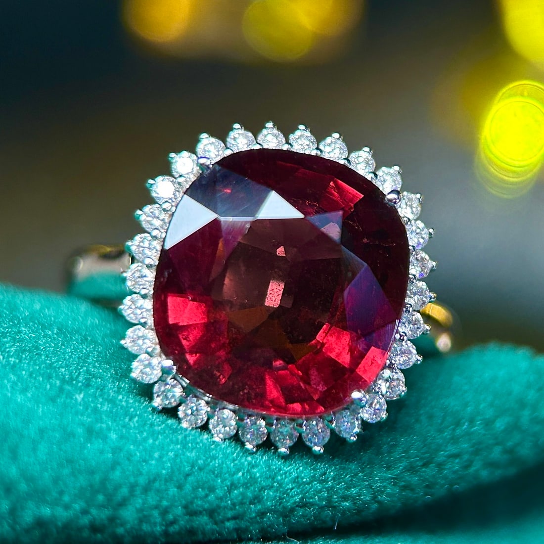 14k Gold 6.6 Ctw Natural Tourmaline & Diamond Ring: Ref:231156073 // gold content:14k gold // ring size:7. 25us // // main gemstone:tourmaline // shape:cushion // carat weight:6. 3ct // color:red // treatment:natural // // adjacent gemstone 2 : diamond