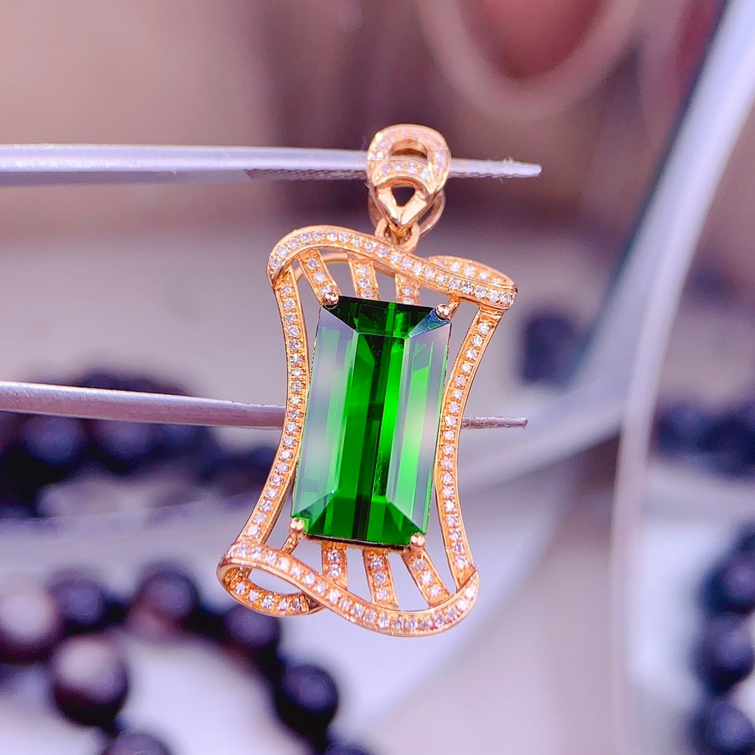 14k Gold 8.5 Ct Natural Tourmaline & Diamond Pendant( Without Chain ) - 3