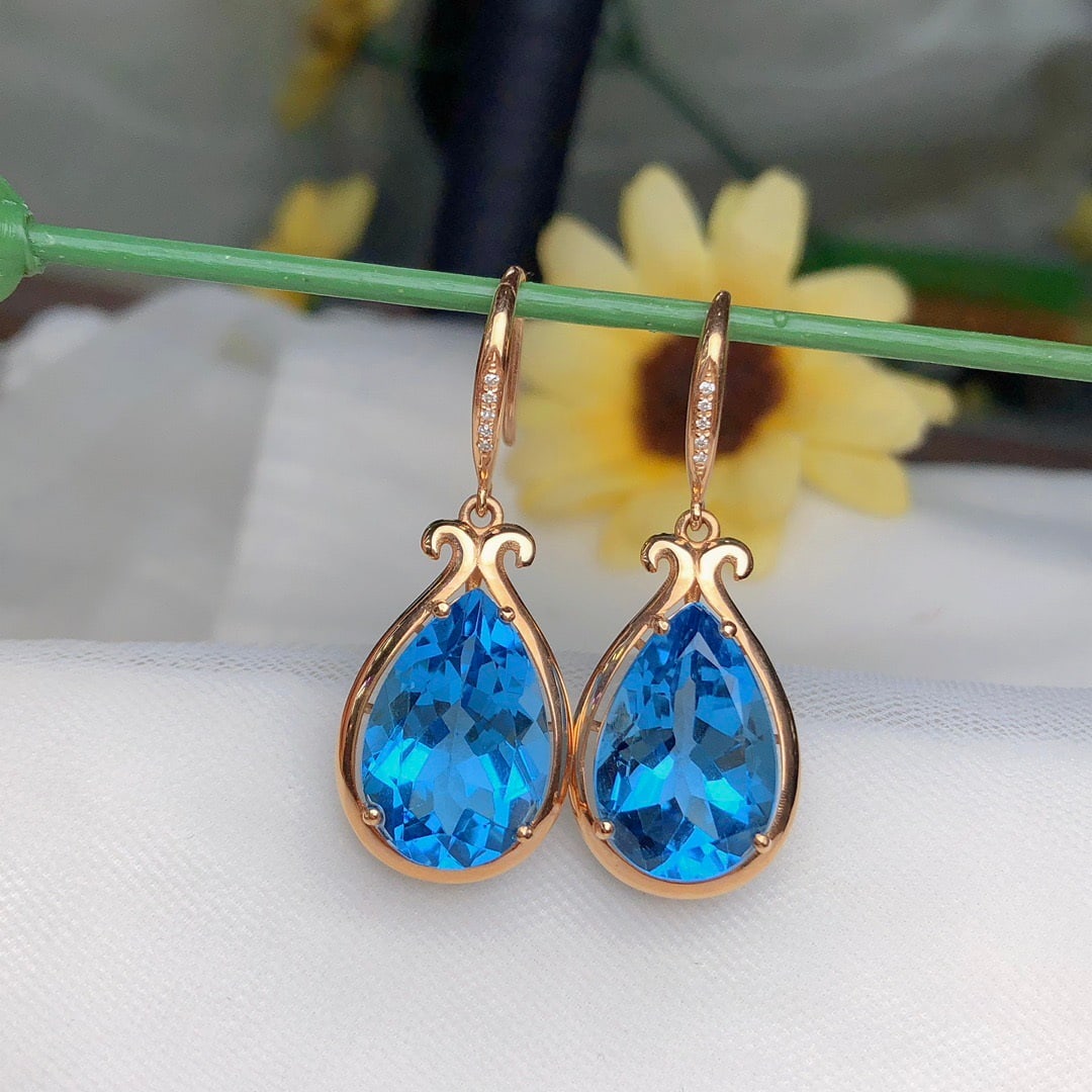 14k Gold 13.88 Ct Natural Topaz & Diamond Earrings - 2