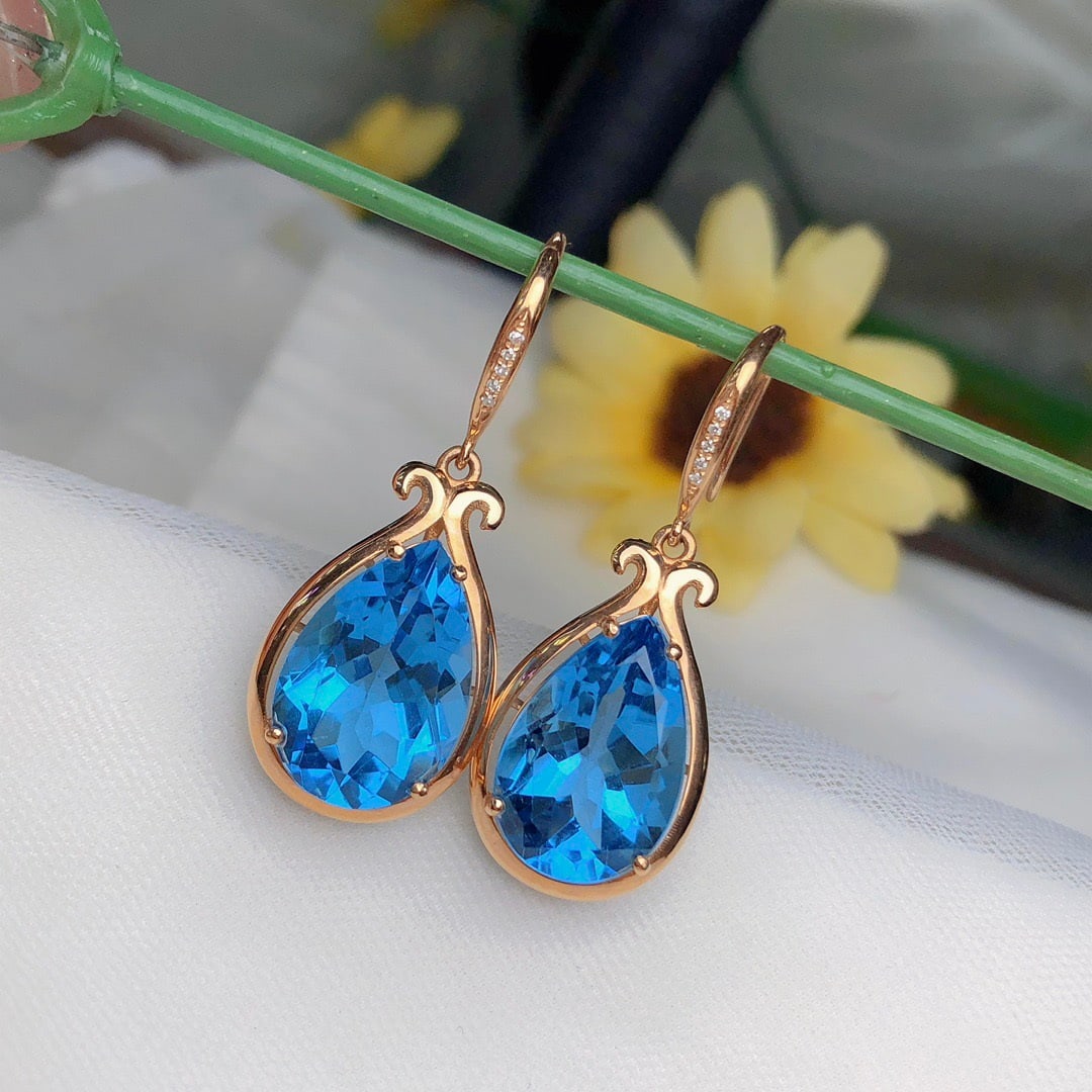 14k Gold 13.88 Ct Natural Topaz & Diamond Earrings - 4