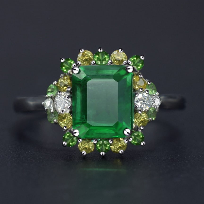 14k Gold 2.73 Ctw Natural Emerald & Diamond Ring: Ref:231156114 // gold content:14k gold // ring size:7. 25us // // main gemstone:emerald // shape:octagonal // carat weight:2. 61ct // color:green // treatment:natural // // adjacent gemstone 2 : diamo