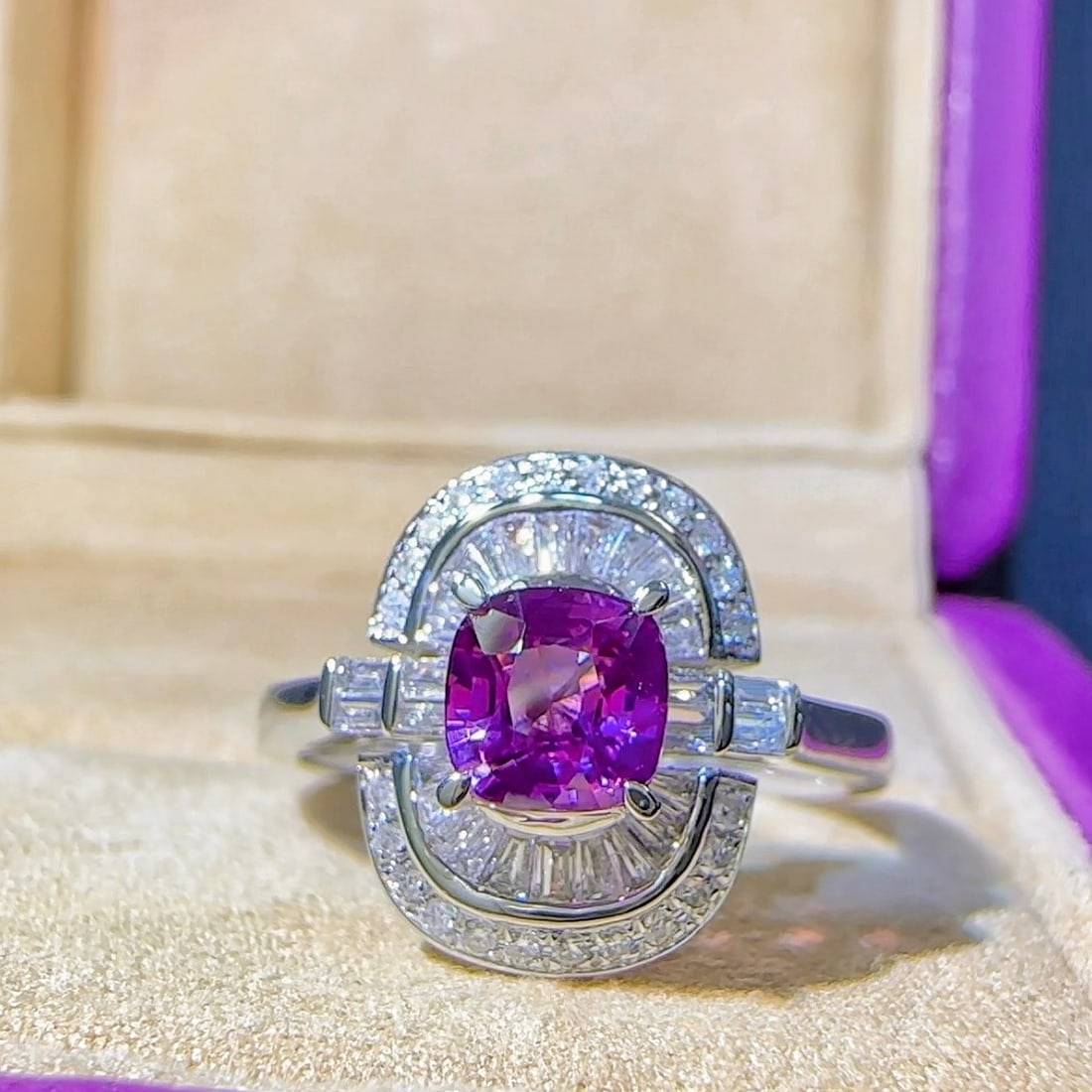 14k Gold 1.38 Ctw Natural Sapphire & Diamond Ring: Ref:231156127 // gold content:14k gold // ring size:7. 25us // // main gemstone:sapphire // shape:cushion // carat weight:1. 10ct // color:purple // treatment:natural // // adjacent gemstone 2 : diamo