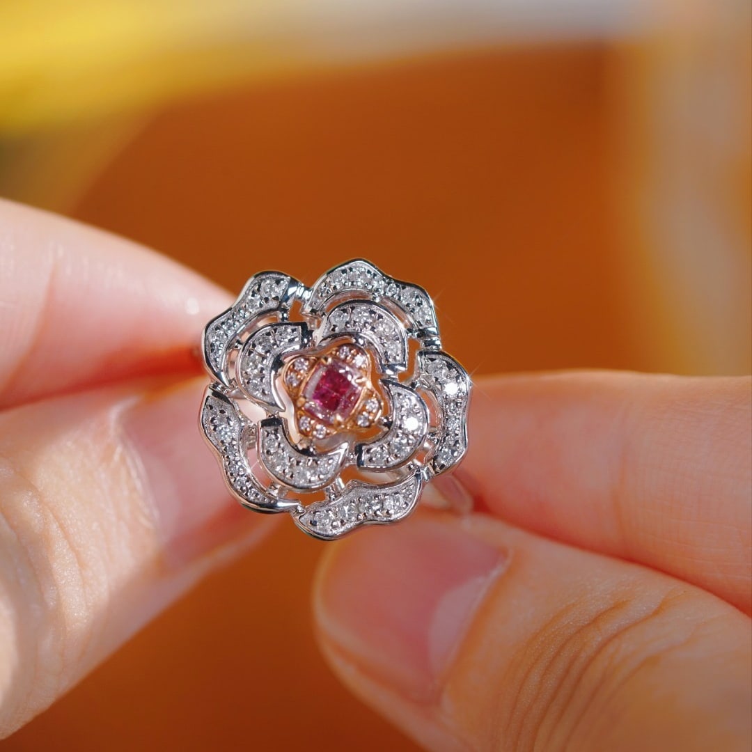 14k Gold 0.65 Ctw Natural Pink Diamond & Diamond & Flowers Ring - 2