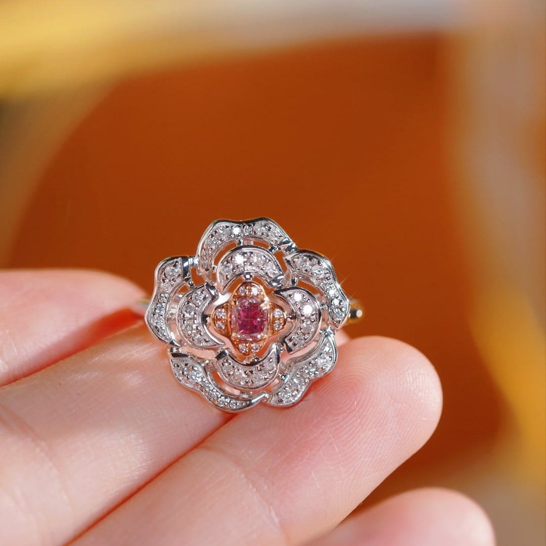 14k Gold 0.65 Ctw Natural Pink Diamond & Diamond & Flowers Ring - 3
