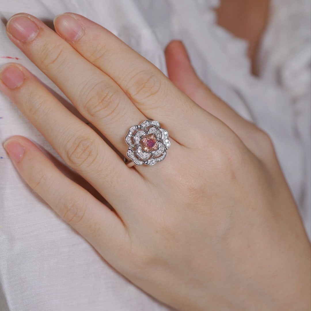 14k Gold 0.65 Ctw Natural Pink Diamond & Diamond & Flowers Ring - 5