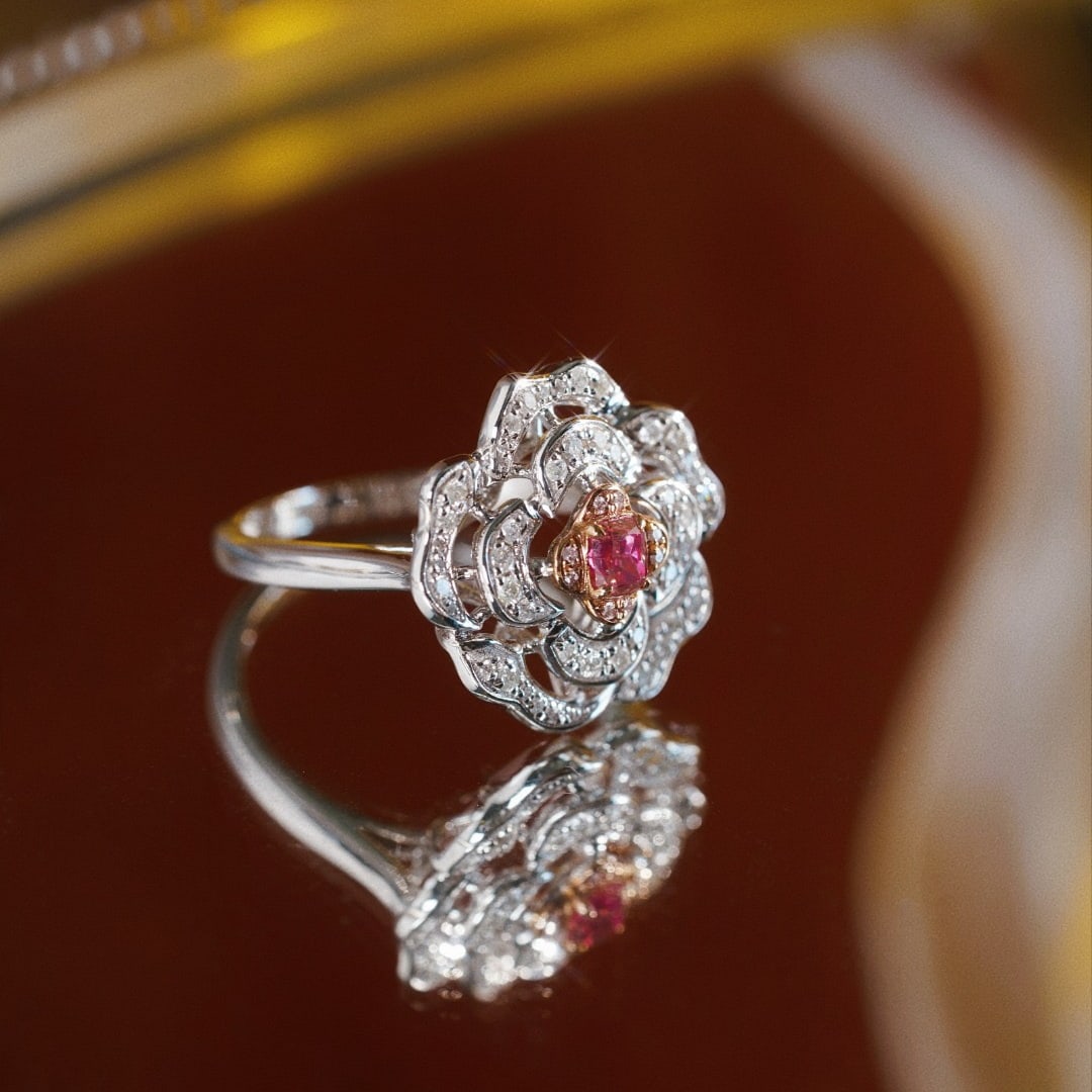 14k Gold 0.65 Ctw Natural Pink Diamond & Diamond & Flowers Ring - 6