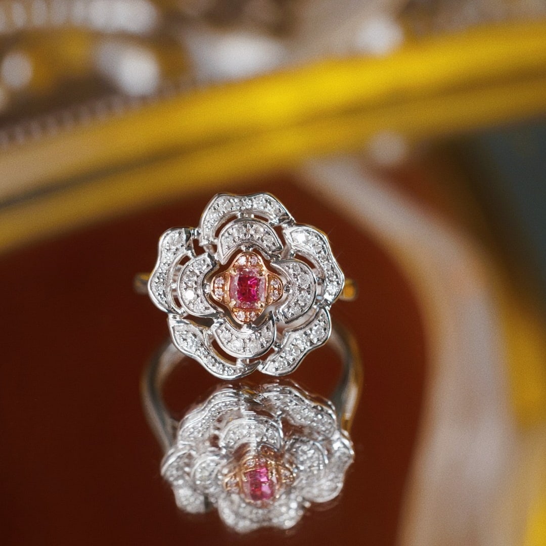 14k Gold 0.65 Ctw Natural Pink Diamond & Diamond & Flowers Ring - 8
