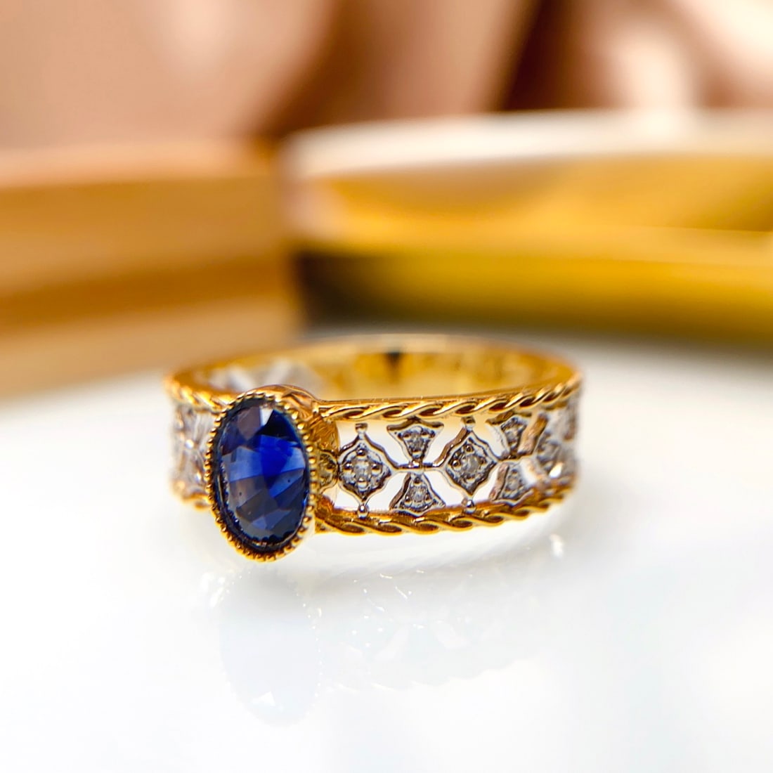 14k Gold 0.80 Ct Natural Sapphire & Diamond Ring - 3