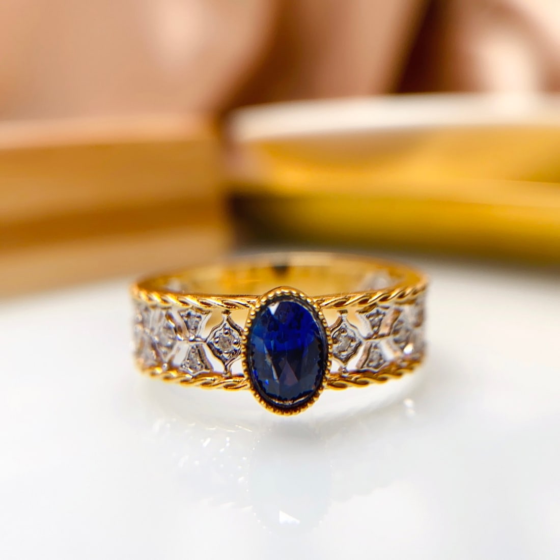 14k Gold 0.80 Ct Natural Sapphire & Diamond Ring - 4
