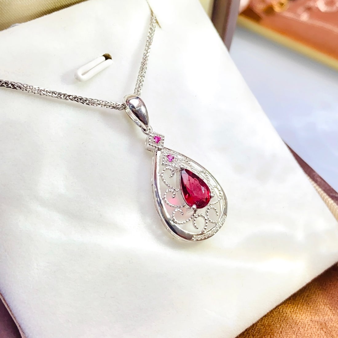 14k Gold 1.10 Ct Natural Tourmaline & Diamond & Ruby Pendant( Without Chain ) - 2