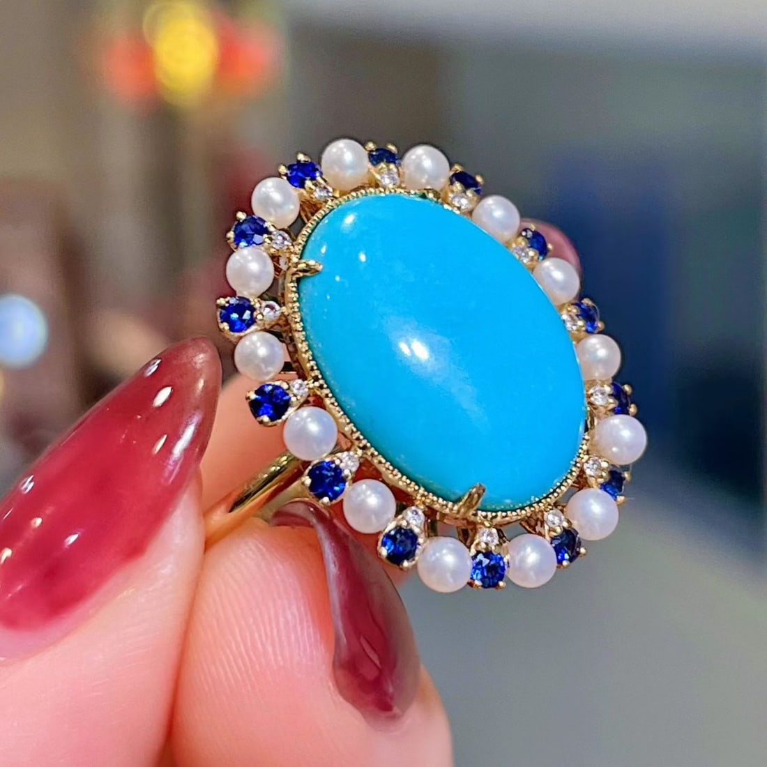 14k Gold 6.80 Ctw Natural Blue Turquoise & Sapphire Ring - 3