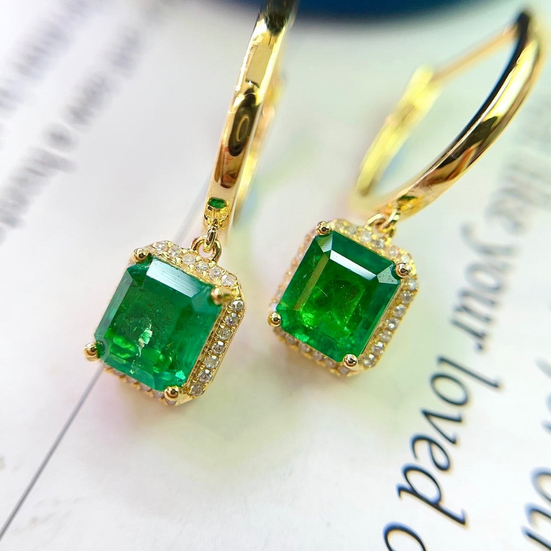 14k Gold 2.25 Ct Natural Emerald & Diamond Earrings - 2