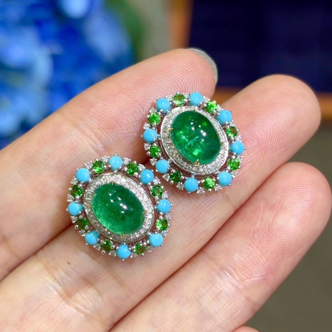14k Gold 5 Ct Natural Emerald & Blue Turquoise & Tsavorite & Diamond Earrings: Ref:231156223 // gold content:14k gold // main gemstone:emerald // shape:oval // carat weight:5ct // color:green // treatment:natural // // adjacent gemstone 2 : blue turquoise // shape:round //