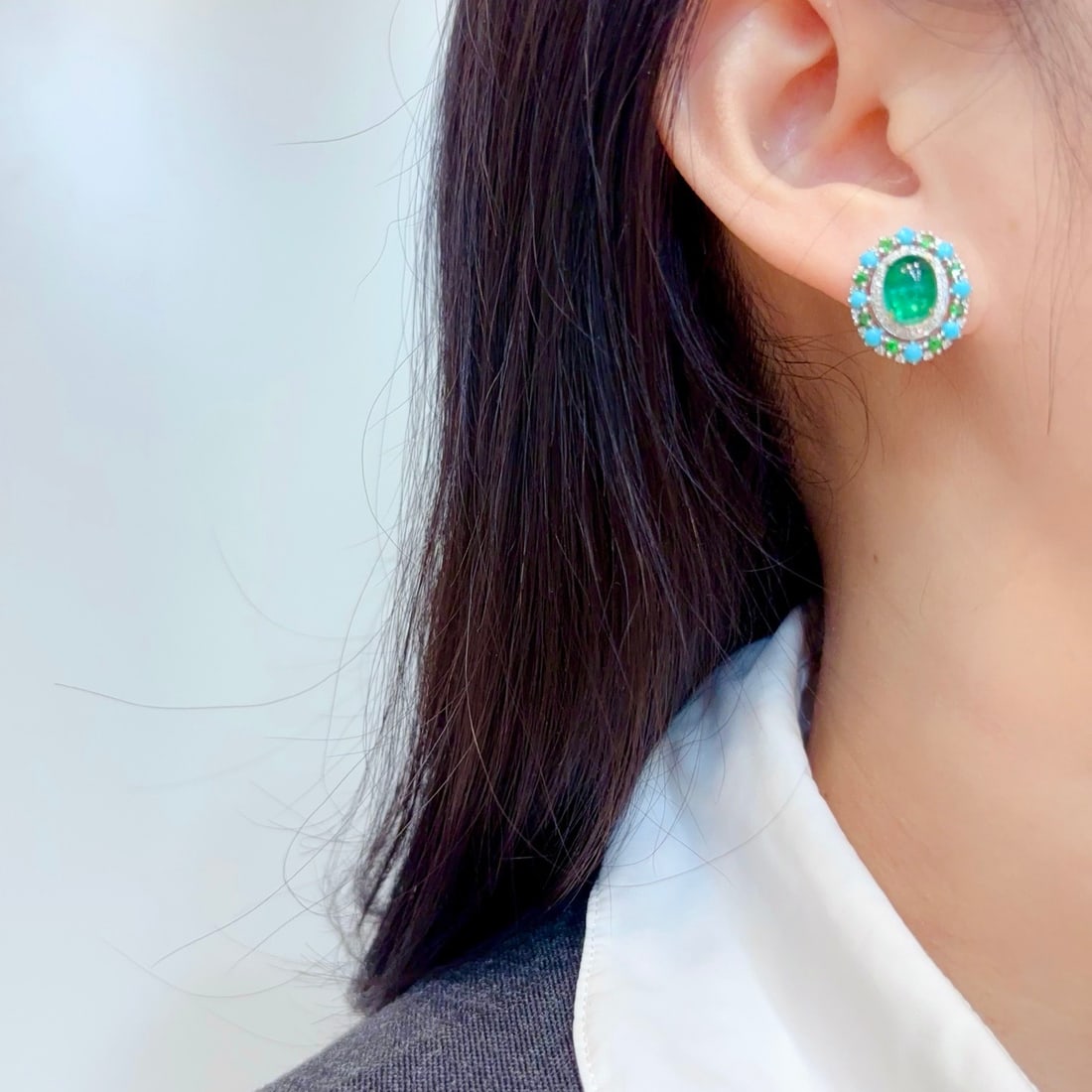 14k Gold 5 Ct Natural Emerald & Blue Turquoise & Tsavorite & Diamond Earrings - 4