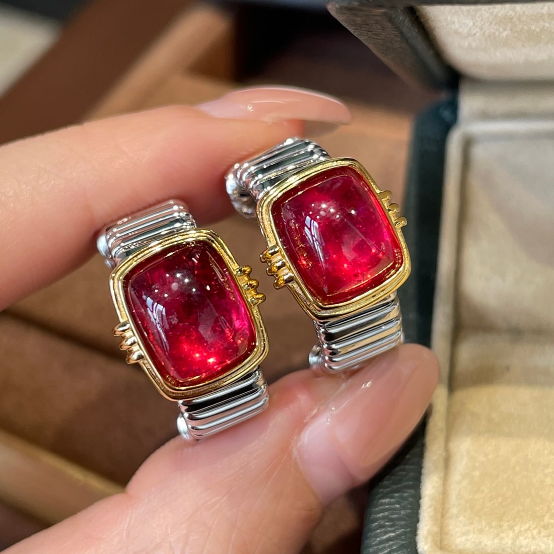 14k Gold 7.2 Ct Natural Tourmaline Earrings: Ref:231156229 // gold content:14k gold // main gemstone:tourmaline // shape:cushion // carat weight:7. 2ct // color:red // treatment:natural // Condition: New Low Estimate: 2400.00 High Estimate: