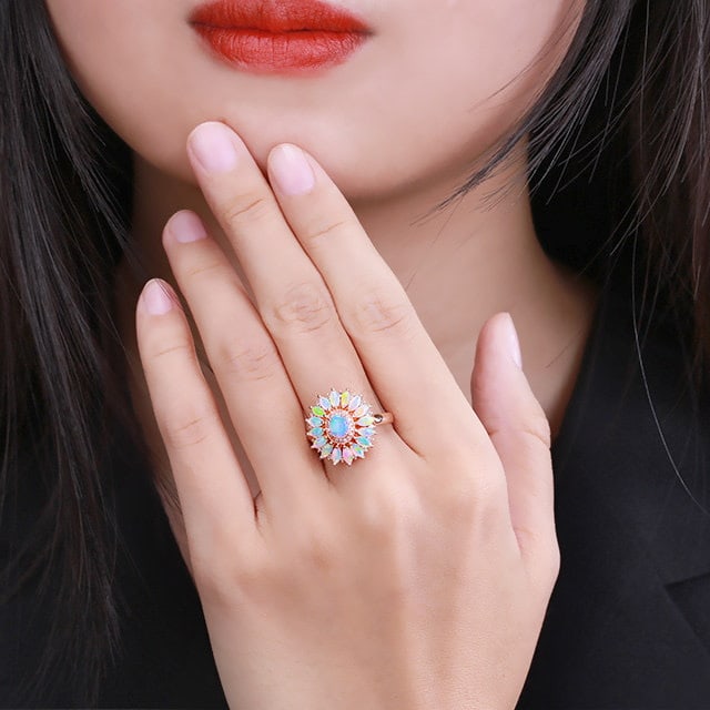 14k Gold 1.25 Ctw Natural Opal & Diamond Ring - 7