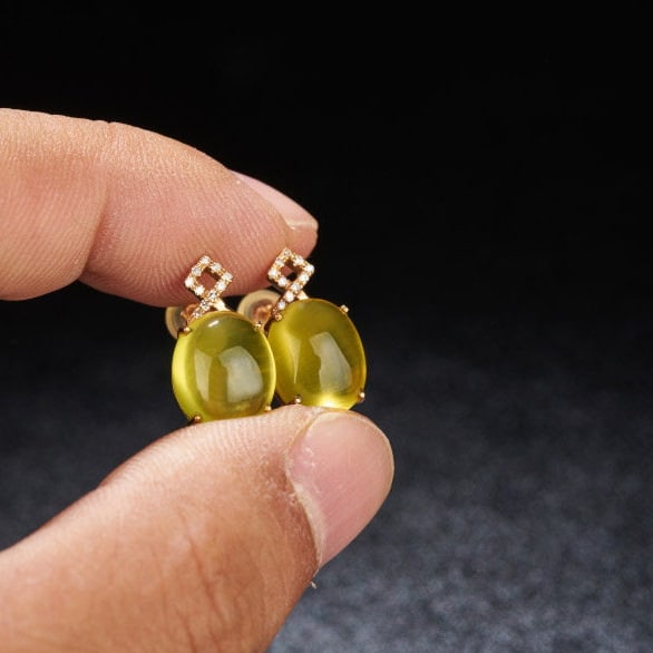 14k Gold 8.2 Ct Natural Prehnite & Diamond Earrings - 8