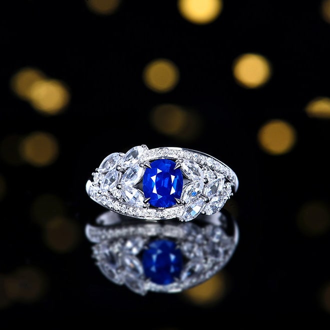 14k Gold 1.1 Ctw Natural Sapphire & Diamond Ring: Ref:231156252 // gold content:14k gold // ring size:7. 25us // // main gemstone:sapphire // shape:oval // carat weight:0. 9ct // color:blue // treatment:natural // // adjacent gemstone 2 : diamond //