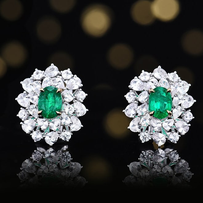14k Gold 5.42 Ctw Natural Emerald & Sapphire Earrings: Ref:231156268 // gold content:14k gold // main gemstone:emerald // shape:oval // carat weight:1. 83ct // color:green // treatment:natural // // adjacent gemstone 2 : sapphire // number of stones:48 //