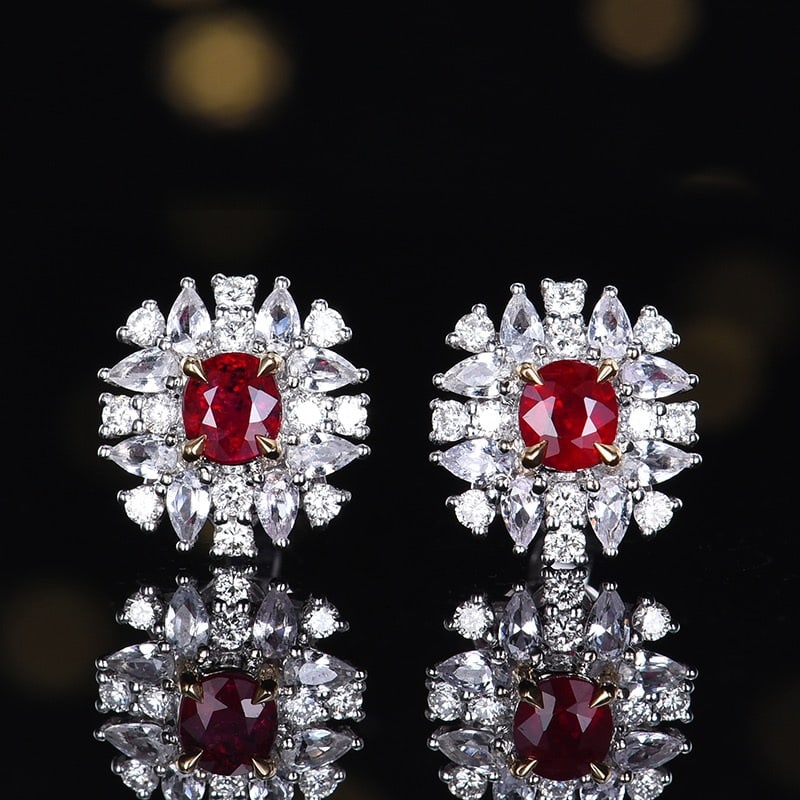 14k Gold 0.81 Ctw Natural Ruby & Diamond Earrings: Ref:231156288 // gold content:14k gold // main gemstone:ruby // shape:oval // carat weight:0. 52ct // color:red // treatment:natural // // adjacent gemstone 2 : diamond // number of stones:24 //