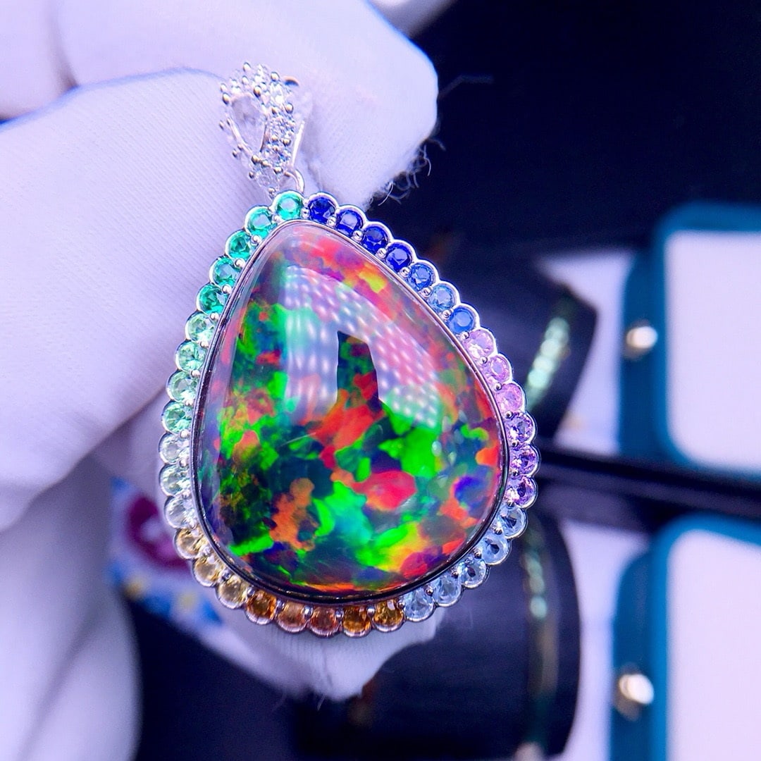 14k Gold 18.13 Ctw Natural Opal & Diamond Pendant( Without Chain ) - 7