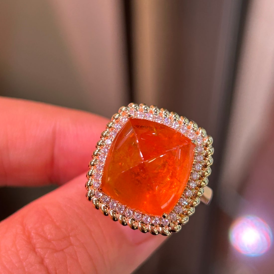 14k Gold 18.54 Ctw Natural Spessartine & Diamond Ring: Ref:231156320 // gold content:14k gold // ring size:7. 25us // // main gemstone:spessartine // shape:sugar-loaf // carat weight:18. 18ct // color:orange // treatment:natural // // adjacent gemstone 2 