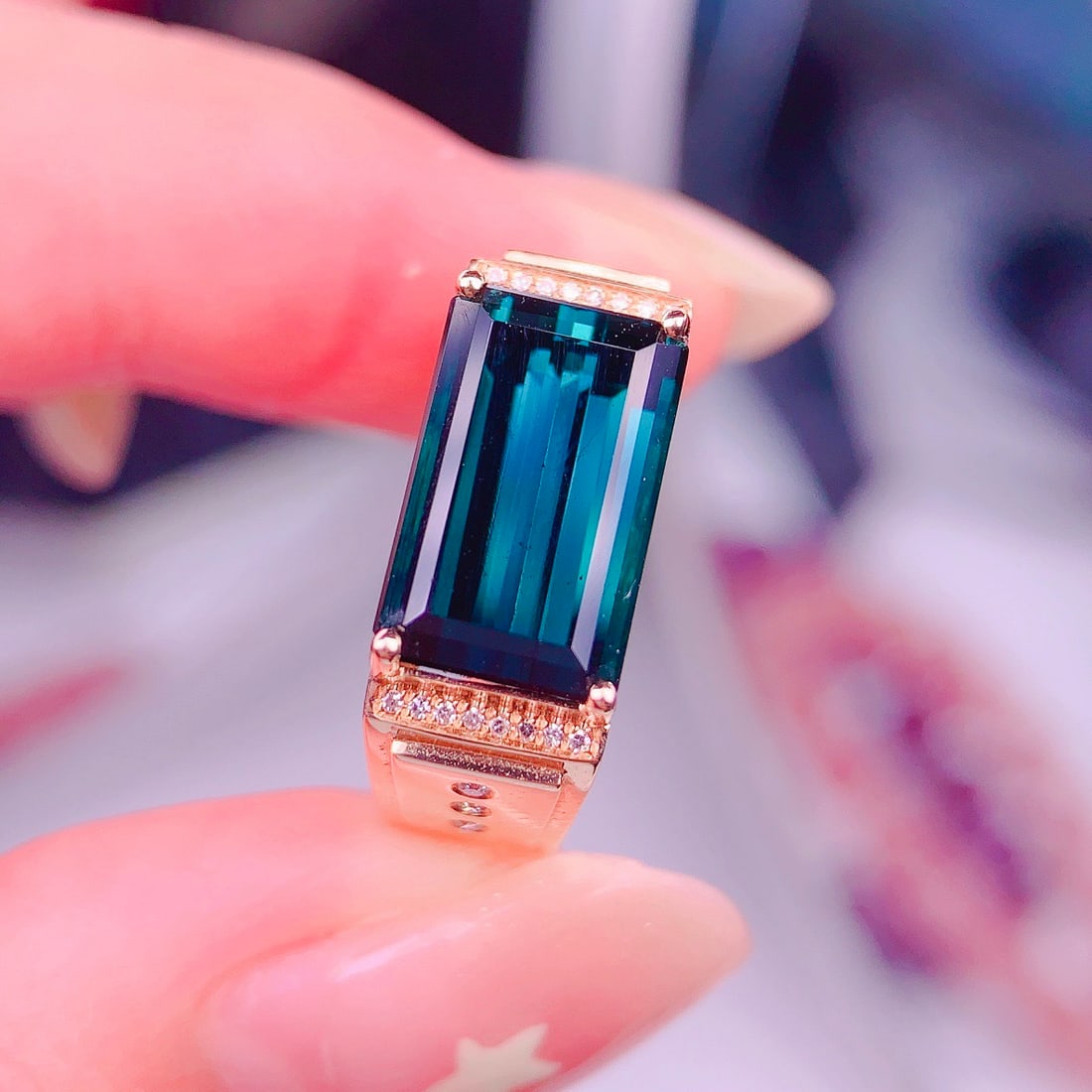 14k Gold 5 Ct Natural Tourmaline & Diamond & Men¡¯s Ring - 2