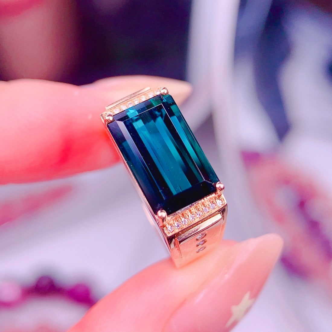 14k Gold 5 Ct Natural Tourmaline & Diamond & Men¡¯s Ring - 3