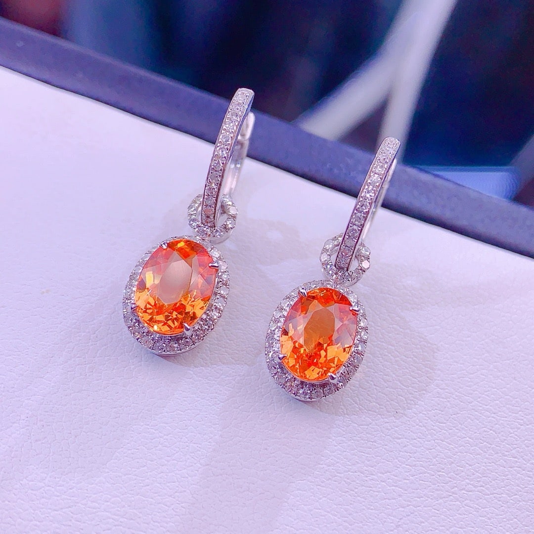 14k Gold 4 Ct Natural Spessartine & Diamond Earrings - 2